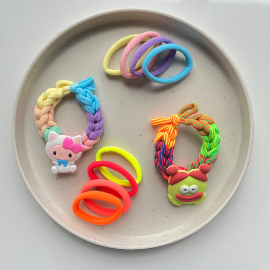 Kids Hair Tie Set - 4 Basic + 1 Fancy, Bright and Playful Elastic Bands